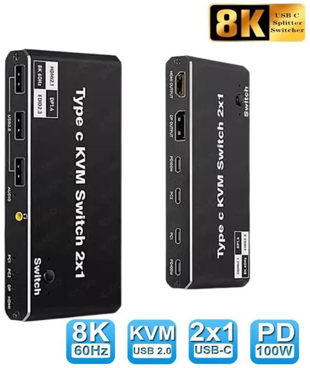Main image of WRIARICH 2x1 8K Type-C KVM Switch for 2 PC Share 1 Monitors, KVM USB C Switcher 100W PD Support HDMI/DP Monitor Output, 2PC Share 3 USB Devices+3.5mm Jack, 2 USB-C Cables Included