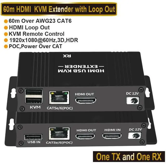 Main image of WRIARICH HDMI KVM USB Extender Over Cat5e/6 196ft/60M, 2 USB 2.0 Ports, Zero-Latency, Plug and Play, No Driver, Supports All Operating System, Keyboard and Mouse USB Over Ethernet