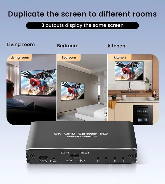 Alt view image 5 of 7 - WRIARICH 4K 120Hz 1 in 3 Out HDMI Splitter - Ultra HD 8K @ 60 Hz 1x3 V. 2.1 HDCP 2.3, Power HDMI Supports 8K 3D Full HD 1080P for Xbox, PS4 PS3 Blu Ray TV HDTV - Adapter Included