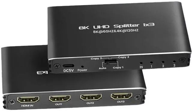 Main image of WRIARICH 8K HDMI Splitter 1 in 3 Out, 8K HDMI Splitter V2.1b Powered Audio Video Distributor Duplicate/Mirror Screen, 1x3 HDMI Splitter for TV Support 8K 60Hz 3D for Xbox, PS5, Blu-Ray Player, HDTV