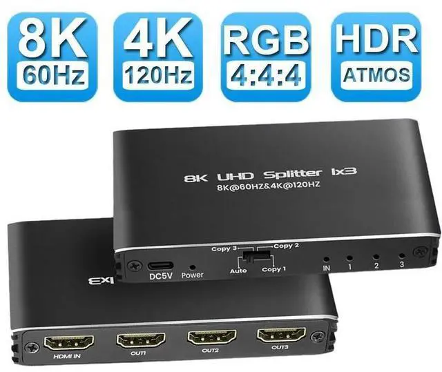 Main image of WRIARICH 4K 120Hz HDMI Splitter 1 in 3 Out, 1x3 Power HDMI Splitter 3 Ports w/AC Adapter, 8K@60Hz 3D Full HD Distributor for Xbox, PS5, Blu-Ray Player, HDTV Support 48Gbps, HDCP 2.3, RGB 4:4:4