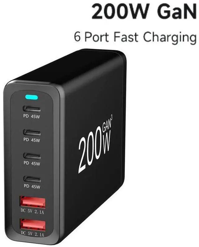Main image of WRIARICH 200W 6-Port USB-C PD3.0 QC3.0 Laptop Charger Power Charging Station Hub Compatible with MacBook Pro/Air, iPad Pro, iPhone 14 Pro, Galaxy Tab S8, S23, Dell XPS 13- Black