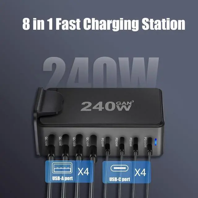 Alt view image 2 of 7 - WRIARICH 8 Port USB C Charger 240W PD 3.0 QC3.0 USB C Desk Charger Portable Adapter Charging Station Hub Compatible with iPhone 15/14/13/13 Pro Max/MacBook/iPad Pro/Galaxy