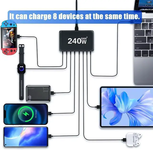 Alt view image 3 of 7 - WRIARICH USB Type C Charger, 240W Fast Desk Charger, QC3.0 PD3.0 Type C Charging Block Travel GaN Charger Adapter for iPhone Pro, Samsung, MacBook Pro/Air, iPad, Laptops, Dell XPS