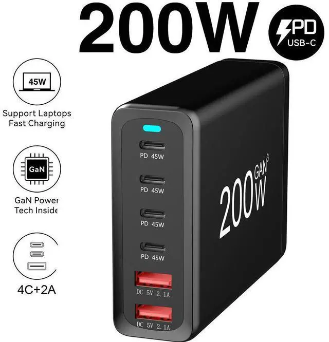 Main image of WRIARICH 6 Port USB C Charger, 200W GaN, iPad Charging Station Hub, PD3.0 QC3.0 Fast Compact for MacBook Pro/Air, iPad Pro, Galaxy S23, Dell XPS 13, Note 20/10+, iPhone 15/14/Pro