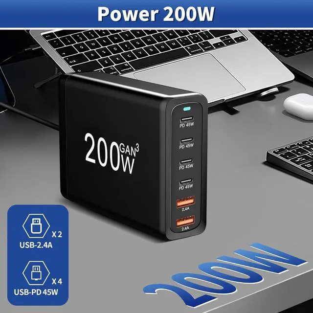 Alt view image 4 of 7 - WRIARICH 6 Port USB C Charger, 200W GaN, iPad Charging Station Hub, PD3.0 QC3.0 Fast Compact for MacBook Pro/Air, iPad Pro, Galaxy S23, Dell XPS 13, Note 20/10+, iPhone 15/14/Pro