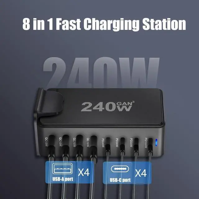 Alt view image 2 of 7 - WRIARICH 240W USB-C PD QC3.0 Laptop Charger Power Charging Station Hub Compatible with MacBook Pro/Air, iPad Pro, iPhone 14 Pro, Galaxy Tab S8, S23, Dell XPS 13- Black