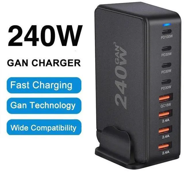 Main image of WRIARICH 240W USB-C PD QC3.0 Laptop Charger Power Charging Station Hub Compatible with MacBook Pro/Air, iPad Pro, iPhone 14 Pro, Galaxy Tab S8, S23, Dell XPS 13- Black