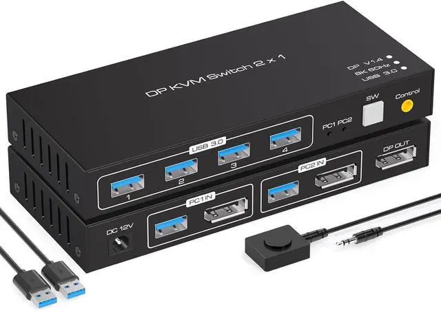 Main image of WRIARICH 8K KVM Switch 1 Monitors 2 Computers DisplayPort, with 4 USB 3.0 Hub, 8K@60Hz DP 1.4 Monitor KVM Switch, Wired Controller KVM Switches, Share Keyboard Mouse Printer, EDID,Plug and Play
