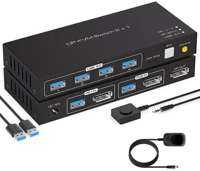 Main image of WRIARICH KVM Switch DisplayPort USB 3.0 DP KVM Switch 2 in 1 Out 3440x1440@144Hz,3840x2160@60Hz for 2 Computers Share 1 Monitor and 4 USB 3.0 Devices with 2 USB3.0 Cables and Wired Controller