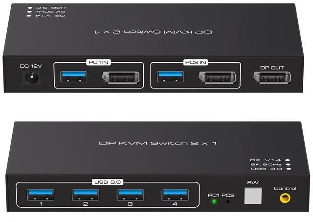 Main image of WRIARICH 2 Port DisplayPort 2x1 DP KVM Switcher Switch DP 1.4 8K@60Hz Supports 4 Ports USB 3.0 Devices Control up to 2 DP Port Device with Wired Controller