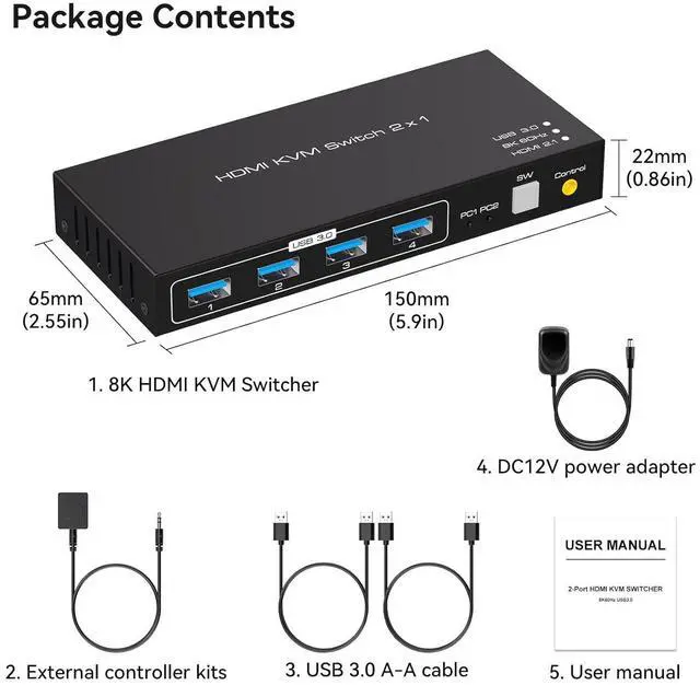 Alt view image 7 of 7 - WRIARICH 2 Port HDMI 2x1 HDMI KVM Switcher Switch HDMI 2.1 8K@60Hz Supports 4 Ports USB 3.0 Devices Control up to 2 HDMI Port Device with Wired Controller