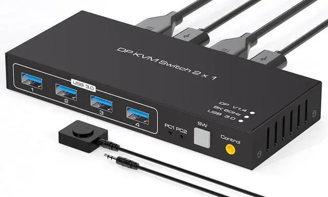 Main image of USB 3.0 KVM Switch DisplayPort 1.4 for 2 Computers with 8K@60Hz / 4K@120Hz / 4K@144Hz Display Port Video & 4x 5Gbps USB Ports, FreeSync, G-SYNC and HDR Support - Wired Controller