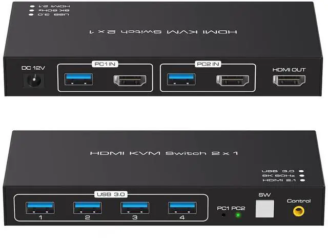 Main image of 8K HDMI KVM Switch HDMI for 2 Computers Share 1 Monitor USB 3.0 Switches PC Support 8K@60Hz 4K@144Hz 4 USB Devices Such as Keyboard Mouse Printer with Desktop Wired Controller and 2 USB Cables