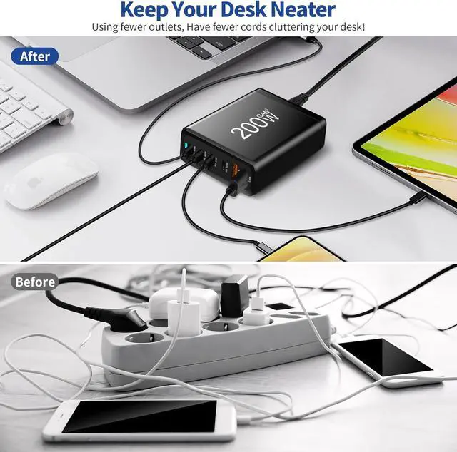 Alt view image 7 of 7 - WRIARICH 6-Port USB Type C Charger, 200W Fast Desk Charger, QC3.0 PD3.0 Type C Charging Block Travel GaN Charger Adapter for iPhone Pro, Samsung, MacBook Pro/Air, iPad, Laptops, Dell XPS