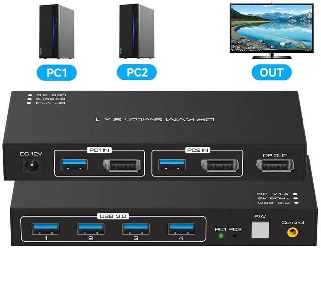Main image of 8K Displayport KVM Switch DP for 2 Computers Share 1 Monitor USB 3.0 Switches PC Support 8K@60Hz 4K@144Hz 4 USB Devices Such as Keyboard Mouse Printer with Desktop Wired Controller and 2 USB Cables