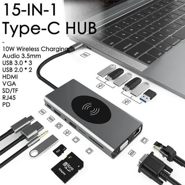 Main image of USB C Hub, 15 in 1 USB C to HDMI Adapter with Ethernet, 4K HDMI, 1080P VGA, 3 USB 3.0,4 USB 2.0,Wireless Charging, 2 SD/TF Card Reader,87W Pd Charging,3.5mm Jack hole Compatible for MacBook Pro