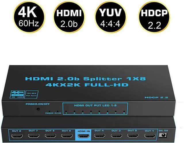 Main image of WRIARICH 4K 1x8 HDMI Splitter 1 in 8 Out, 8 Port Powered HDMI Splitter Multi Monitor Outputs 3D 4Kx2K@60Hz for Projector, HDTV
