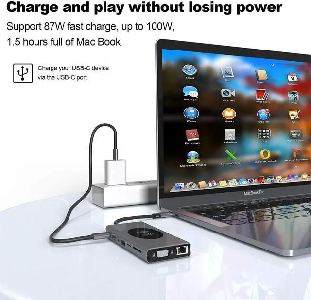 Alt view image 4 of 7 - Dual Display 15 in 1 USB C Hub with VGA HDMI & DP, PD3.0, Ethernet, SD TF Card Reader, 7 USB Port, Mic/Audio,Ethernet,Wireless Charging Type C Adapter Docking Station Compatible for MacBook Air Pro