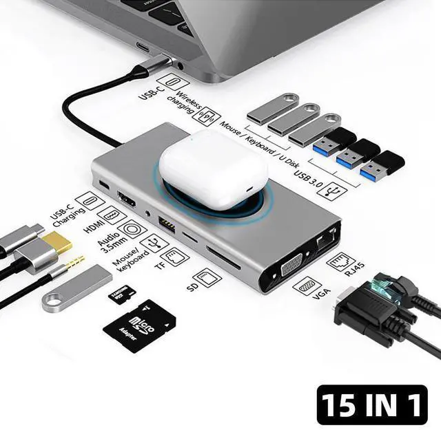 Main image of Dual Display 15 in 1 USB C Hub with VGA HDMI & DP, PD3.0, Ethernet, SD TF Card Reader, 7 USB Port, Mic/Audio,Ethernet,Wireless Charging Type C Adapter Docking Station Compatible for MacBook Air Pro