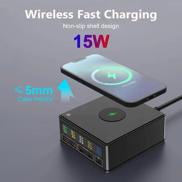 Alt view image 6 of 7 - WRIARICH GAN Charging Station, 160W 5-Port USB Fast Charger with QC 3.0 & PD3.0,15W Wireless Compatible with Apple & Other Brand Cell Phones