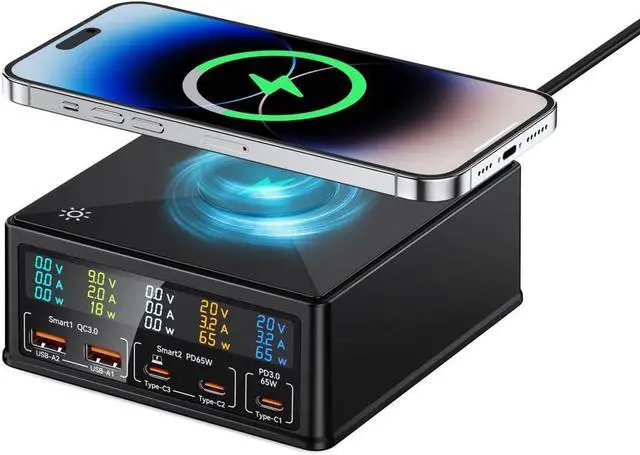 Main image of WRIARICH 65W GaN Charging Station for Multiple Devices, 160W 5 Port USB Fast Charging Station with Wireless Fast Charging, Compatible with iPhone, iPad, Tablets and Cell Phone