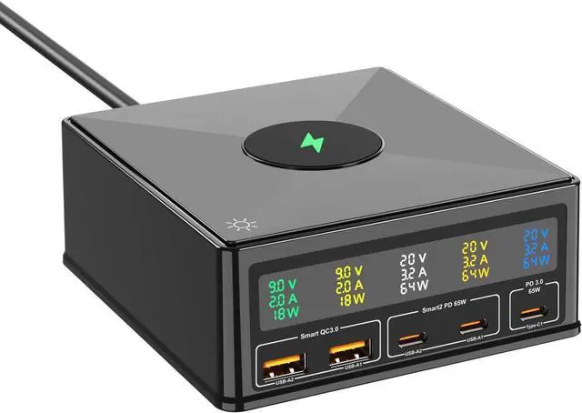 Main image of WRIARICH 6-in-1 GaN USB C Charging Station(160W Max), 15W Wireless Magnetic Fast Desk Charger Adapter, 2 USB-A, 3 USB-C, LCD Display Charging for Mobile Phones, Tablets, Home Office
