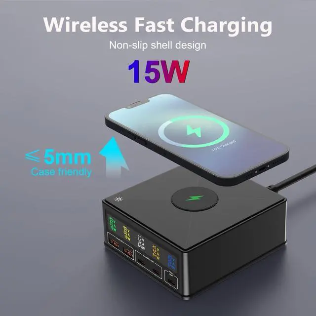 Alt view image 6 of 7 - WRIARICH 6-in-1 GaN USB C Charging Station(160W Max), 15W Wireless Magnetic Fast Desk Charger Adapter, 2 USB-A, 3 USB-C, LCD Display Charging for Mobile Phones, Tablets, Home Office