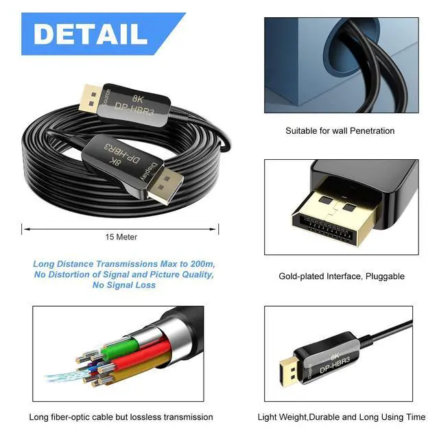 Alt view image 2 of 7 - WRIARICH Fiber 8K DisplayPort DP 1.4 Cable DP Ultra HD 8K@60Hz, 4K @ 120Hz High Speed 32.4Gbps Optic Fiber Slim and Flexible DP to DP Male to Male 3D Cable 10m 33ft