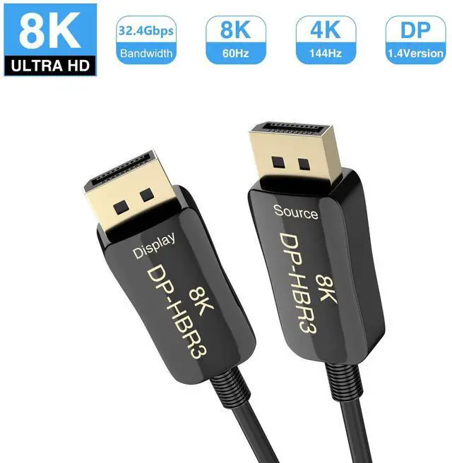 Main image of WRIARICH DisplayPort Fiber Optic Cable , 33ft Gold Plated 4K @ 120Hz, 8K @ 60Hz, DP 1.4, HDR, HDCP 2 ,High Speed 32.4 Gbps Black