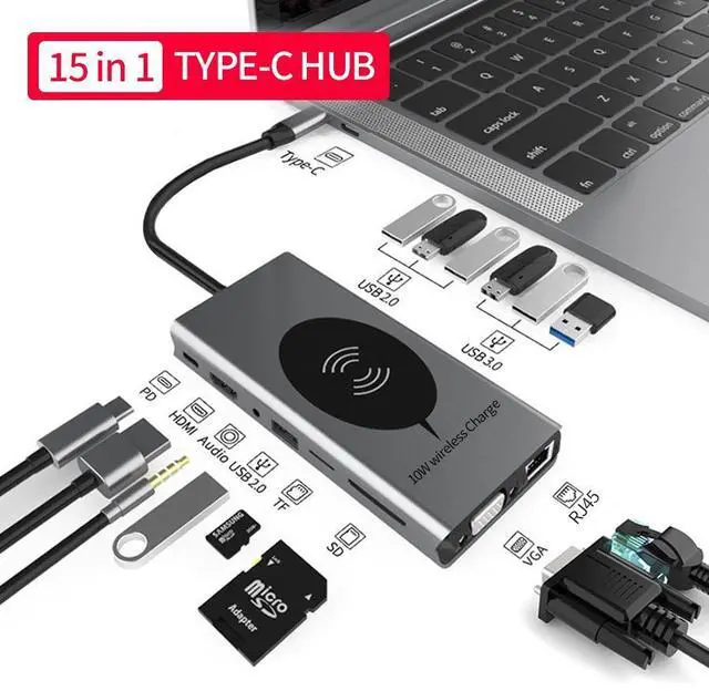 Main image of Dual Monitor USB C Docking Station, HDMI & VGA Adapter, PD3.0, Ethernet, SD TF Card Reader, 7 USB Ports, Mic/Audio,Wireless Charging USB C Hub, Thunderbolt Dock Compatible for MacBook Air Pro or More