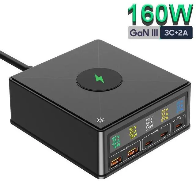 Main image of WRIARICH 160W GAN USB Charging Station, 5-Port Charging Hub for Multiple Devices, 65W PD3.0 Fast Charging Laptop Power Adapter for Mobile Phones, Tablets Smartphones, Home Office Use