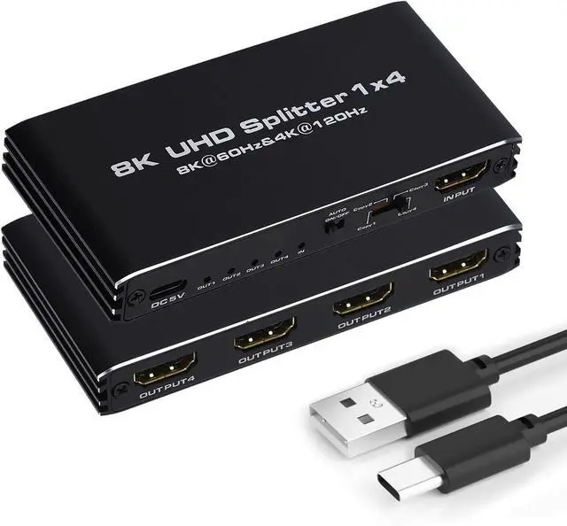 Main image of WRIARICH HDMI Splitter 1 in 4 Out - 1x4 HDMI Display Duplicate/Mirror - Powered Splitter 4K 120Hz, 8K @ 60Hz (One Input To Four Outputs) - 1 Source to 4 Identical Displays