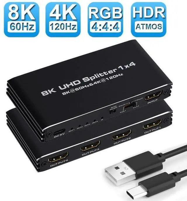 Main image of WRIARICH 8K HDMI Splitter 1 in 4 Out, 8K HDMI Splitter V2.1b Powered Audio Video Distributor Duplicate/Mirror Screen, 1x4 HDMI Splitter for TV Support 8K 60Hz 3D for Xbox, PS5, Blu-Ray Player, HDTV