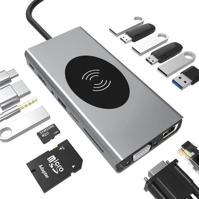 Main image of USB C Hub Multiport Adapter - 15 in 1 USB C Power Adapter; USB-C Dongle; HDMI; VGA; SD Card Reader; MicroSD Card Reader; Ethernet; 4 USB 2.0; 3 USB 3.0; Wireless Charging; 1 USB-C PD & Audio Jack