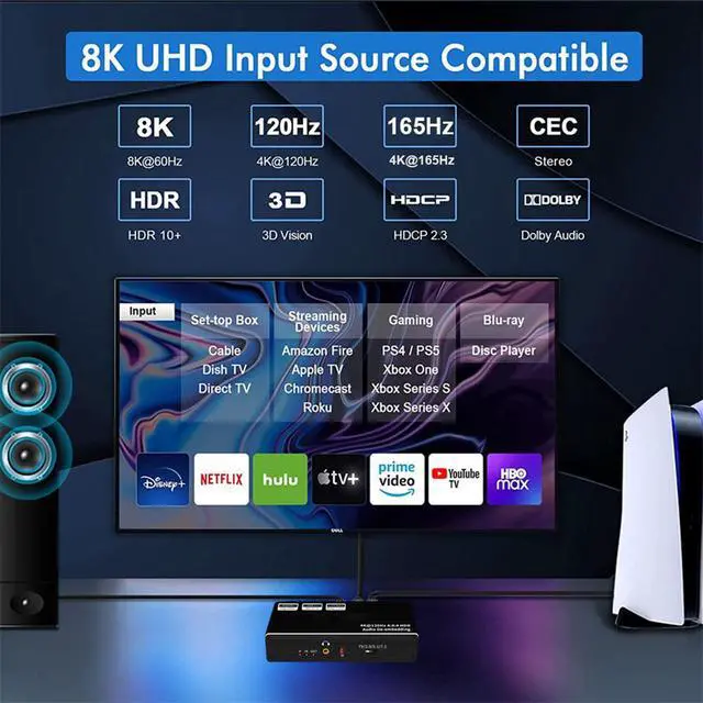 Alt view image 2 of 7 - WRIARICH 8K 60Hz Panoramic Sound HDMI Audio Extractor, HDMI to HDMI + Optical Toslink SPDIF + 3.5mm Audio Jack + Coaxial + 7.1Ch HDMI Audio for PS5 Soundbar Blu-Ray Player