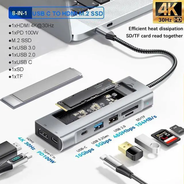 Main image of WRIARICH USB C Docking Station with M.2 NVMe/SATA SSD Card Reader, 8 in 1 USB C Hub with 4K HDMI, 10Gbps USB C, 100W PD, 10Gbps USB3.2 Ports,USB-A, SD/TF Card Reader for Type-C Laptops