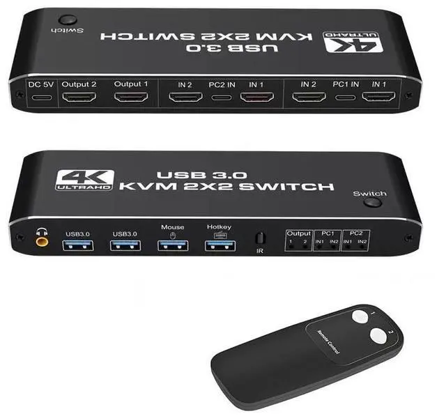 Main image of WRIARICH 4K KVM Switch HDMI 2 Port, 2 in 2 Out, UHD 4K@60Hz, 2 USB 3.0 Hub, One Key Button Switch,Audio Compatible with Most Keyboards and Mouse, 2 Computers Share 2 Monitor