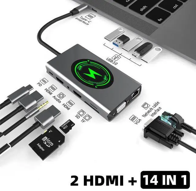 Main image of Dual Monitor USB C Docking Station, Dual HDMI & VGA Adapter, PD, Ethernet, SD TF Card Reader, 5xUSB3.0 Ports, Mic/Audio,Wireless Charging USB C Hub, Thunderbolt Dock Compatible for MacBook Air Pro