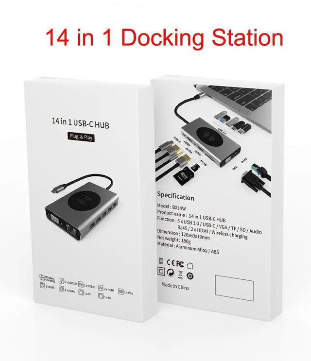Main image of WRIARICH USB C Hub, 14 in 1 USB C to HDMI Adapter with Ethernet, 4K HDMI, 1080P VGA, 5 USB 3.0,Wireless Charging, SD/TF Card Reader,100W Pd Charging,3.5mm Jack hole Compatible for MacBook Pro
