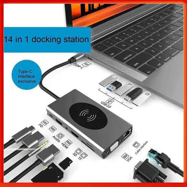 Main image of Dual Display 14 in 1 USB C Hub with VGA Dual HDMI, PD, Ethernet, SD TF Card Reader, 5xUSB3.0 Port, Mic/Audio,Ethernet,Wireless Charging Type C Adapter Docking Station Compatible for MacBook Air Pro