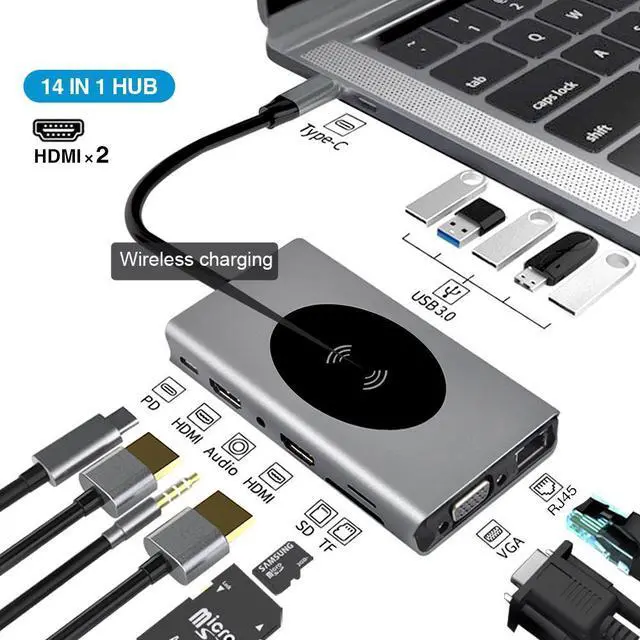 Main image of Display 14 in 1 USB C Hub with VGA Dual HDMI & DP, PD3.0, Ethernet, SD TF Card Reader, 5xUSB3.0 Port, Mic/Audio,Wireless Charging Type C Adapter Docking Station Compatible for MacBook Air Pro and More