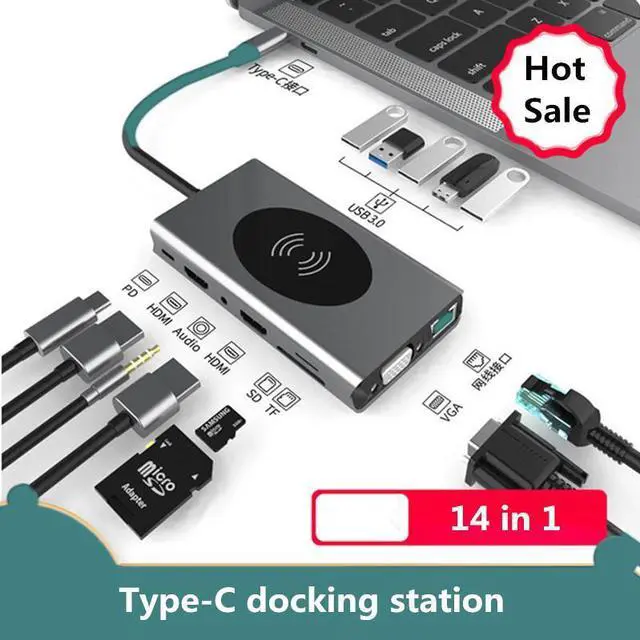 Main image of Docking Station Multiport Adapter - 14 in 1 Portable Space Aluminum Dongle with Ethernet, 4K Dual HDMI, 1080P VGA, 5 USB 3.0,2 SD/TF Card Reader,100W Pd Charging,3.5 Jack hole,Wireless Charging