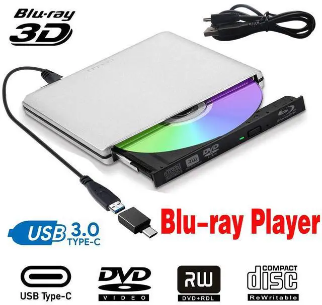 Main image of WRIARICH Aluminum External DVD Blu-Ray Player Drive, USB 3.0 Type-C CD DVD +/-RW Optical Drive USB C Burner Slim CD/DVD ROM Rewriter Writer Reader Portable for PC Laptop Desktop MacBook Mac Silver