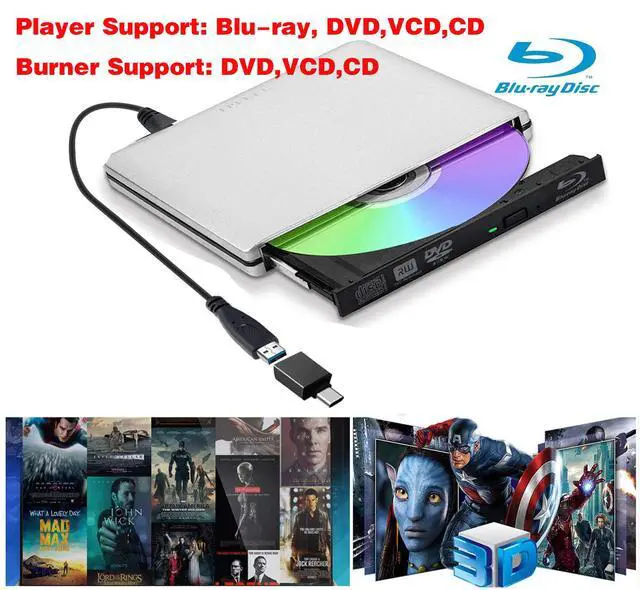 Alt view image 2 of 7 - WRIARICH Aluminum External DVD Blu-Ray Player Drive, USB 3.0 Type-C CD DVD +/-RW Optical Drive USB C Burner Slim CD/DVD ROM Rewriter Writer Reader Portable for PC Laptop Desktop MacBook Mac Silver