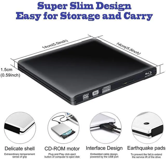 Alt view image 3 of 7 - WRIARICH Aluminum Blu Ray Player Drive, External USB 3.0 Portable CD/DVD+/-RW Drive/DVD Blu Ray Player for Laptop CD ROM Burner for Laptop Desktop PC Windows Linux OS Apple Mac Black