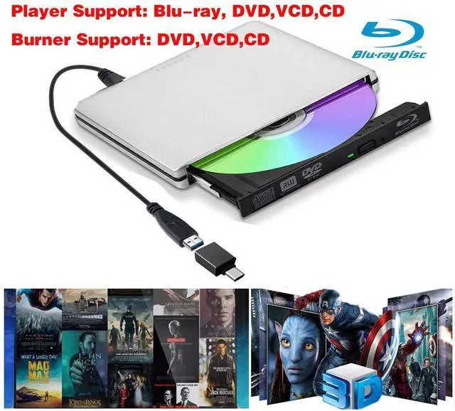 Alt view image 2 of 7 - WRIARICH Aluminum External CD DVD Blu-Ray Player Drive USB 3.0 Type-C Portable DVD/CD ROM +/-RW Drive Burner Rewriter for Windows 10 Laptop Desktop PC, MacBook Pro/ Air, iMac Silver
