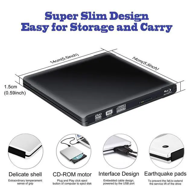 Alt view image 5 of 7 - WRIARICH Aluminum External Blu-Ray Player Drive Type C USB 3.0 Portable CD DVD +/-RW Drive Slim DVD/CD ROM Rewriter Burner Writer for Laptop Desktop PC Windows Linux OS Apple Mac Black