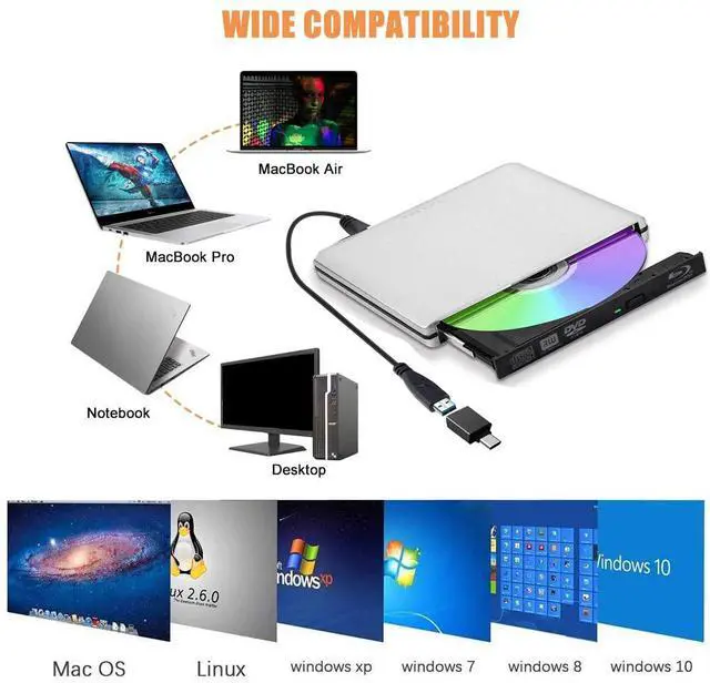 Alt view image 3 of 7 - WRIARICH External DVD Blu-Ray Player Drive, USB 3.0/Type-C Portable CD/DVD Player for Laptop CD Drive Reader Writer Burner for Laptop Desktop PC Windows Linux Apple Mac Silver