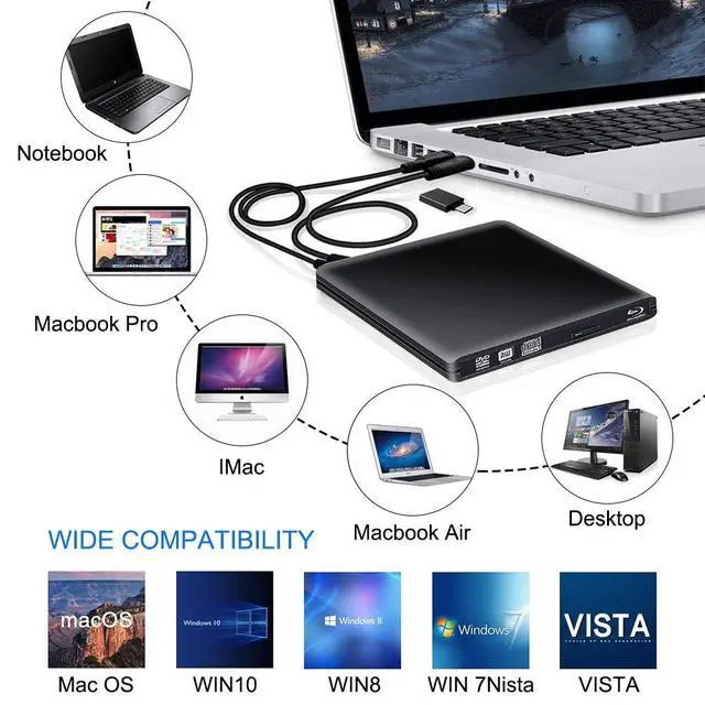 Alt view image 6 of 7 - WRIARICH USB 3.0/USB-C External Blu-Ray DVD/BD/CD Drive, Portable Ultra-Thin 3D Blu-ray Player/Writer/Burner for The MacBook Pro Air, Apple Mac and So On Various Brand Computer Desktop, Laptop, Black
